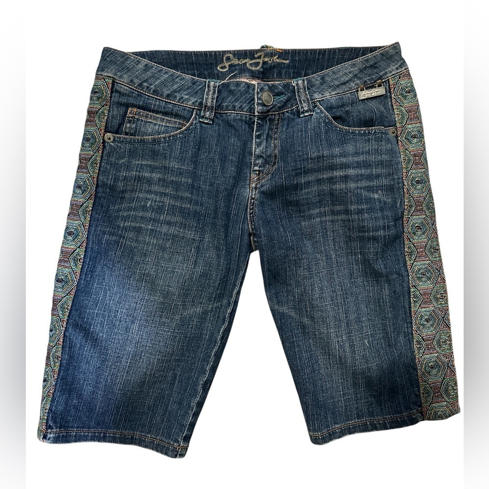 Sean John Blue Jean Shorts with Multicolor Embroidery on the Sides